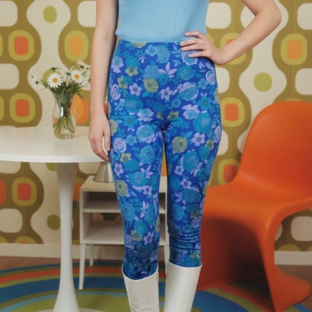 {LCA} 60s Vintage Floral Blue and Green Leggings - Size Medium